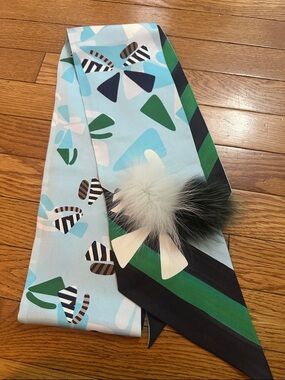 Silk-Feel Kids Scarf with Furry Pom in Light Blue and Green Fendi